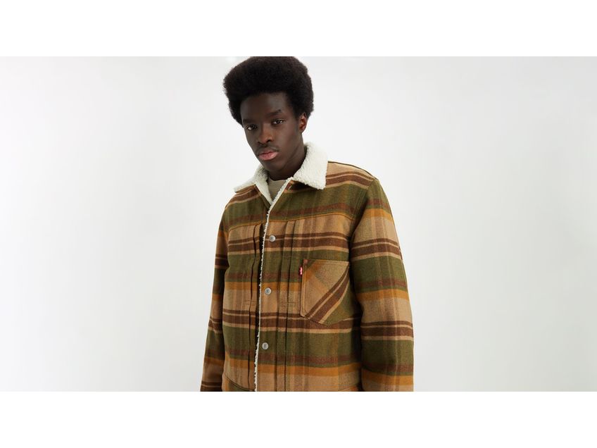 Plaid lined sherpa trucker jacket discount